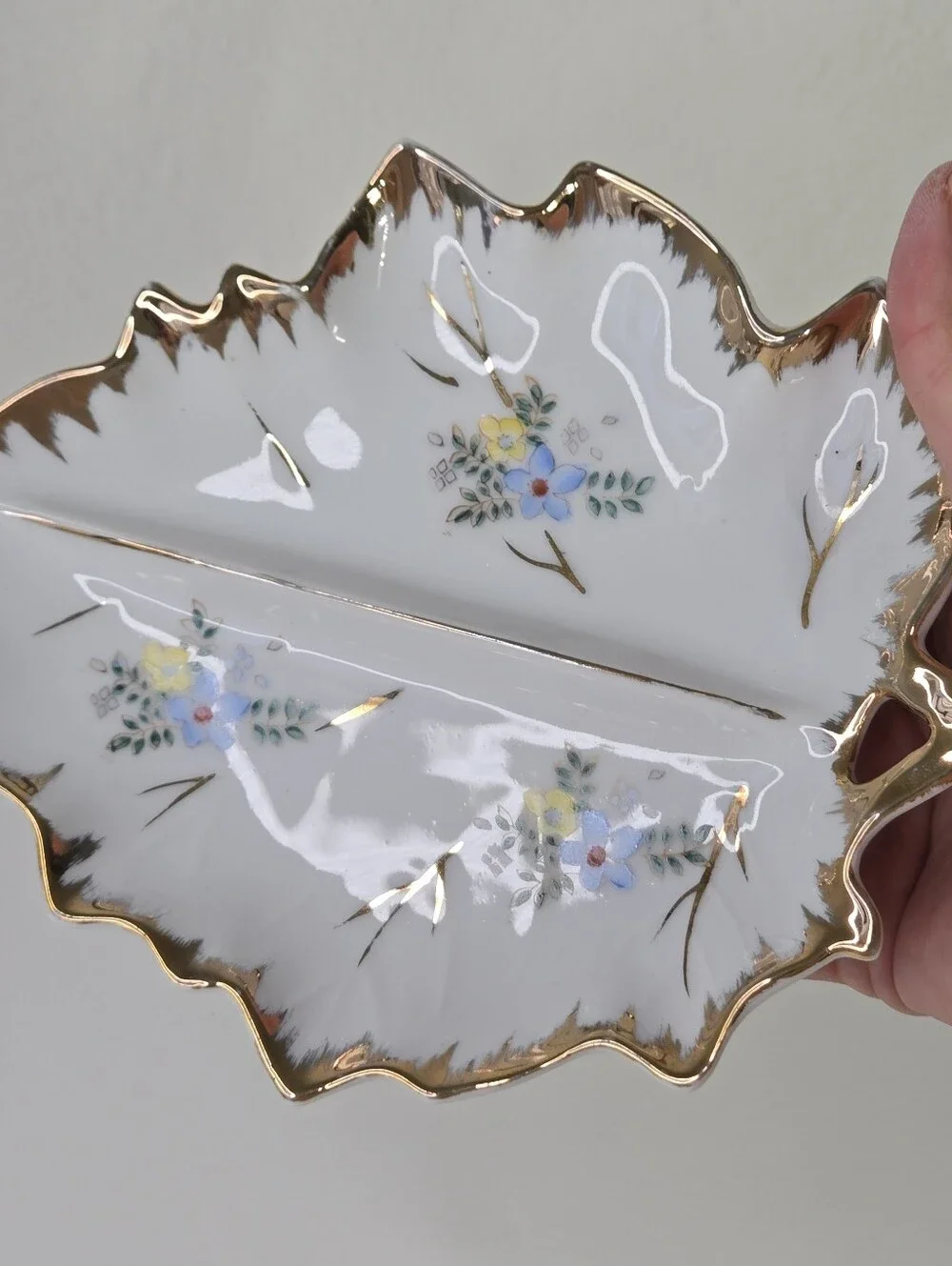 Vintage Porcelain Leaf Trinket Dish Floral Divided Candy Nut Tray Gold Trim Gilt